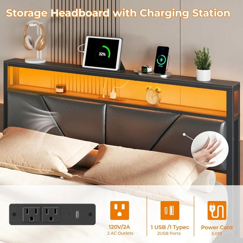 Queen Platform Bed Frame with Storage Drawers and LED Headboard
