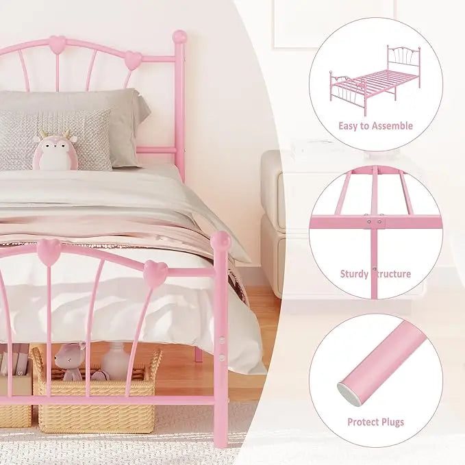Twin Metal Platform Bed Frame with Heart Headboard