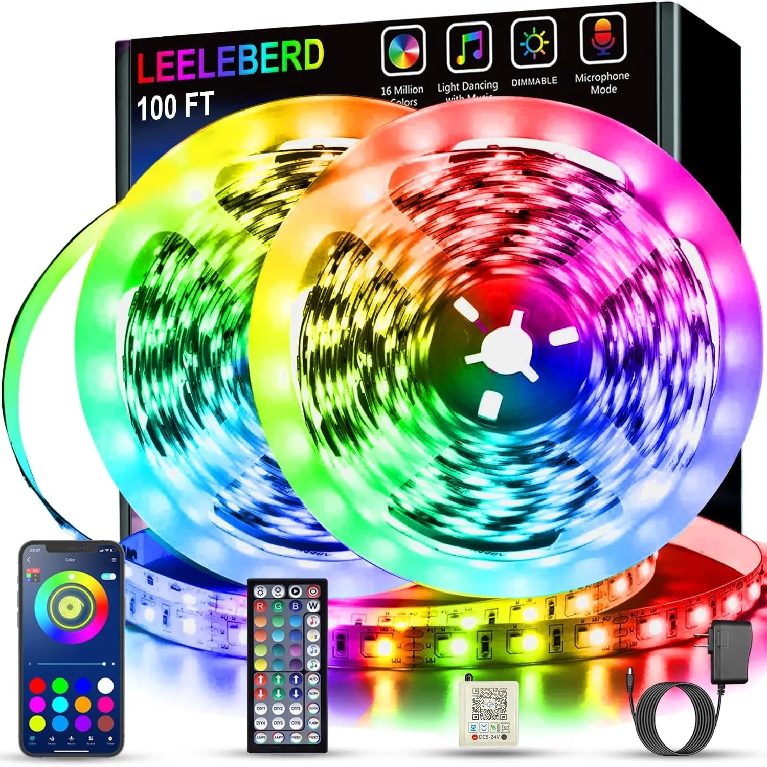 100 ft RGB LED Strip Lights with Music Sync & App Control