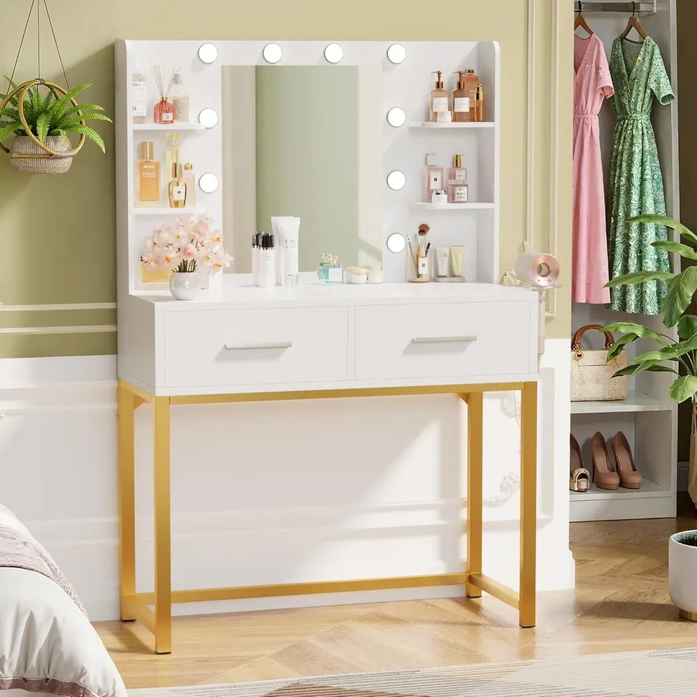 LED Lighted Vanity Desk with Mirror and Power Outlet