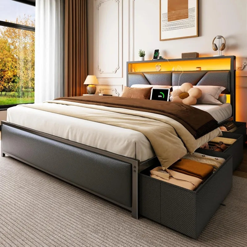 Queen Platform Bed Frame with Storage Drawers and LED Headboard