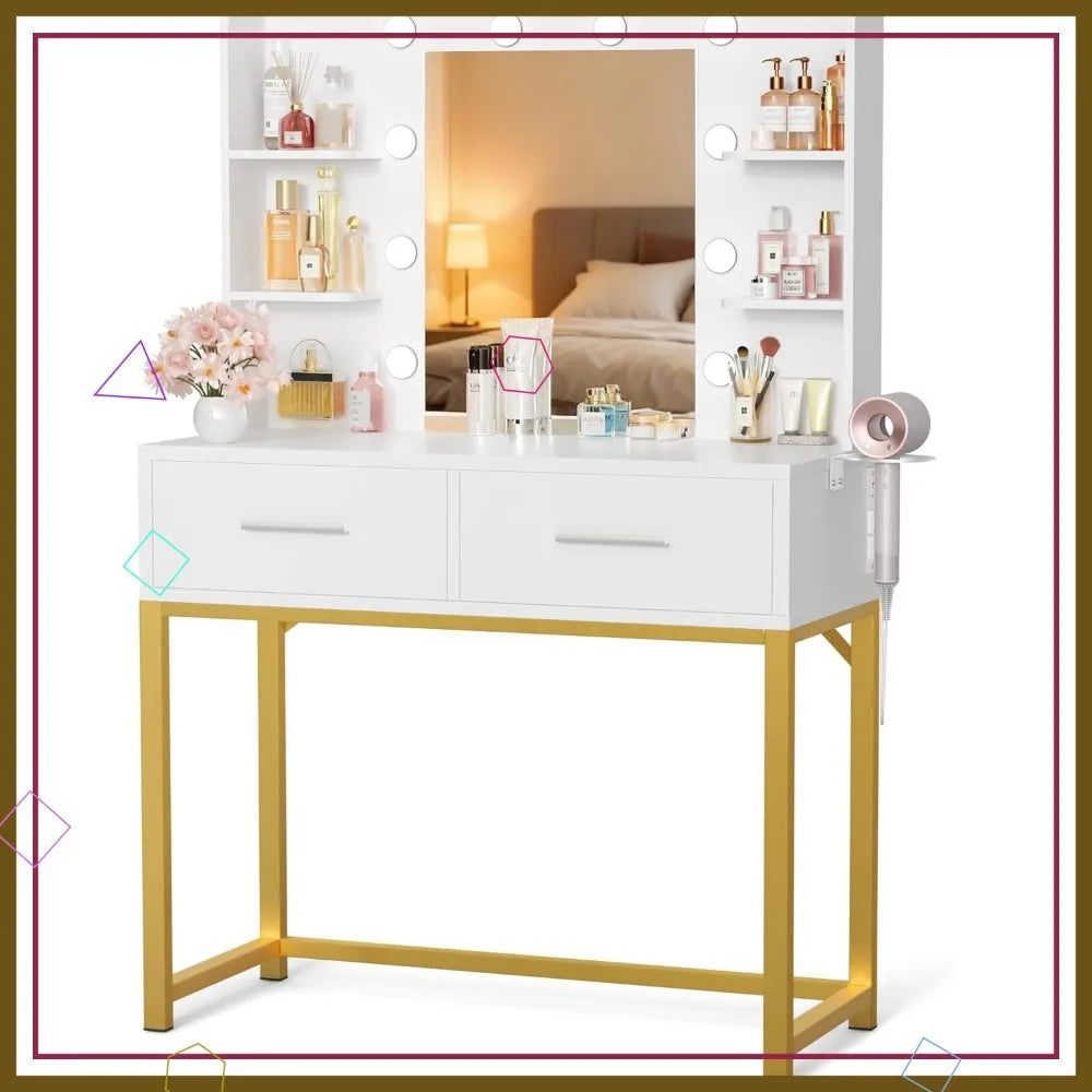 LED Lighted Vanity Desk with Mirror and Power Outlet
