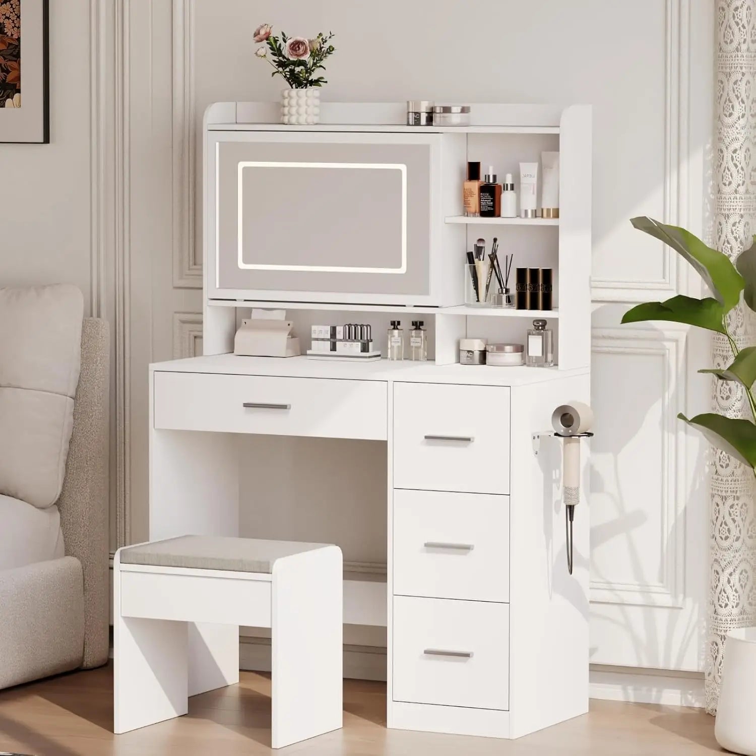 Vanity Desk with a Mirror and Lights