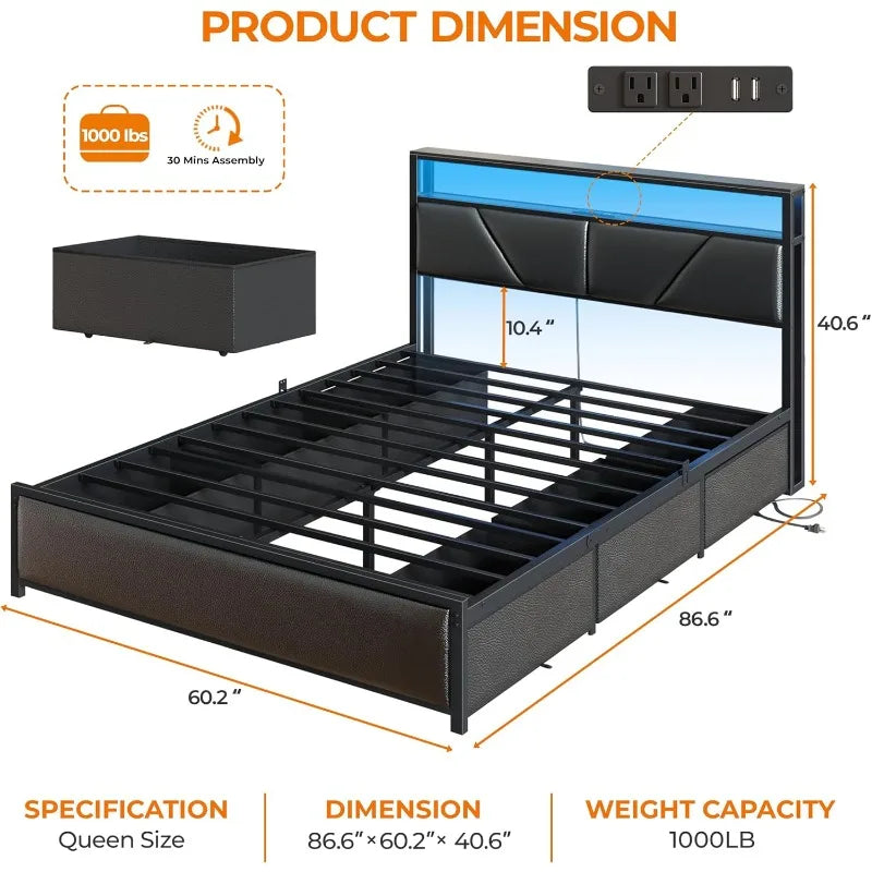 Queen Platform Bed Frame with Storage Drawers and LED Headboard
