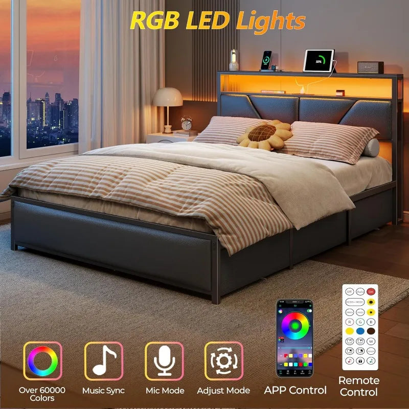 Queen Platform Bed Frame with Storage Drawers and LED Headboard