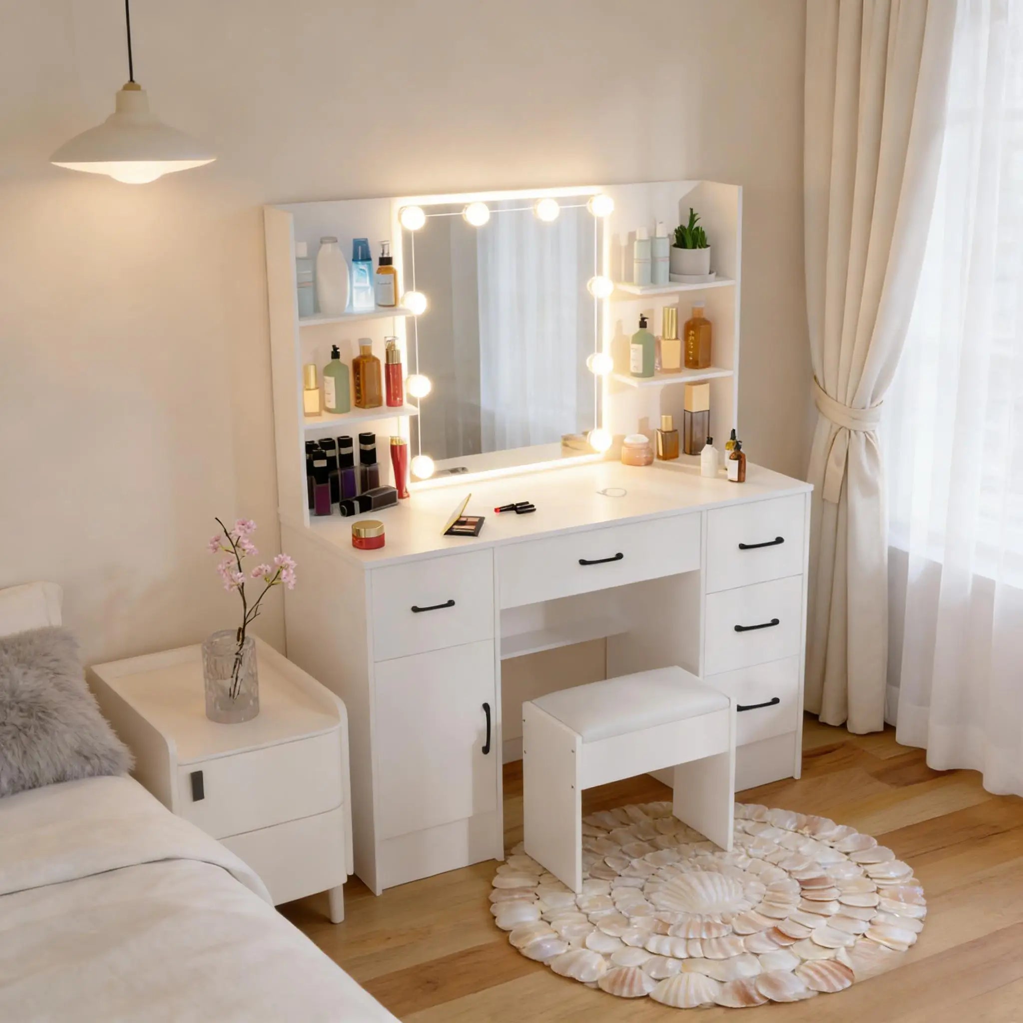 White Vanity Table Set with LED Mirror, Drawers & Stool