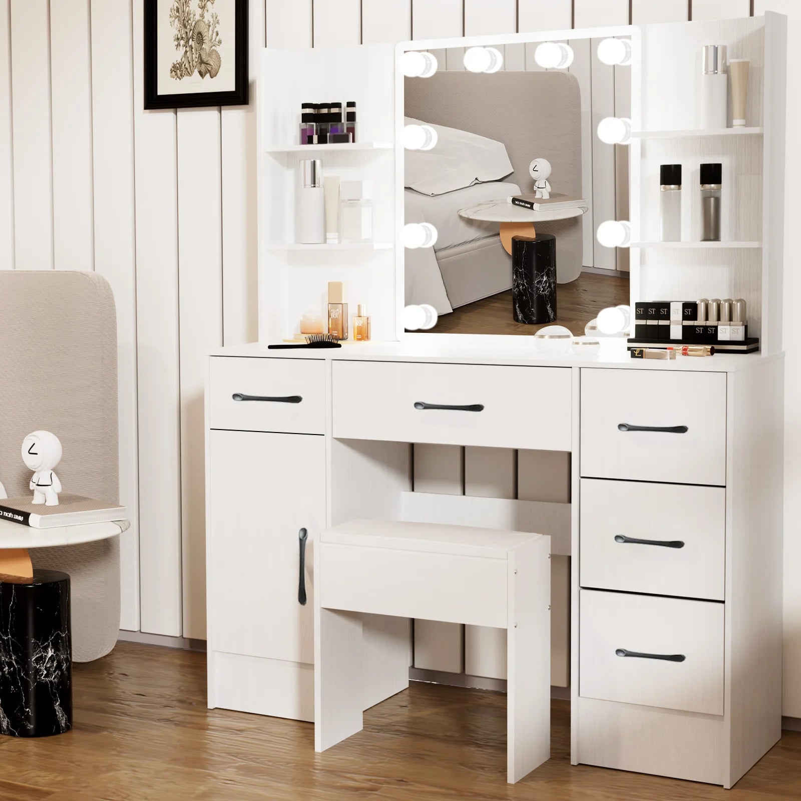 White Vanity Table Set with LED Mirror, Drawers & Stool