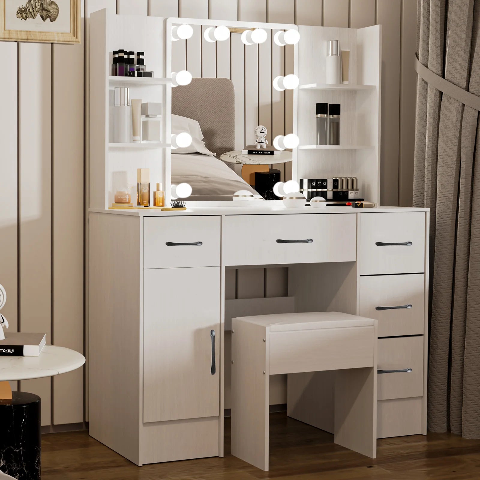 White Vanity Table Set with LED Mirror, Drawers & Stool