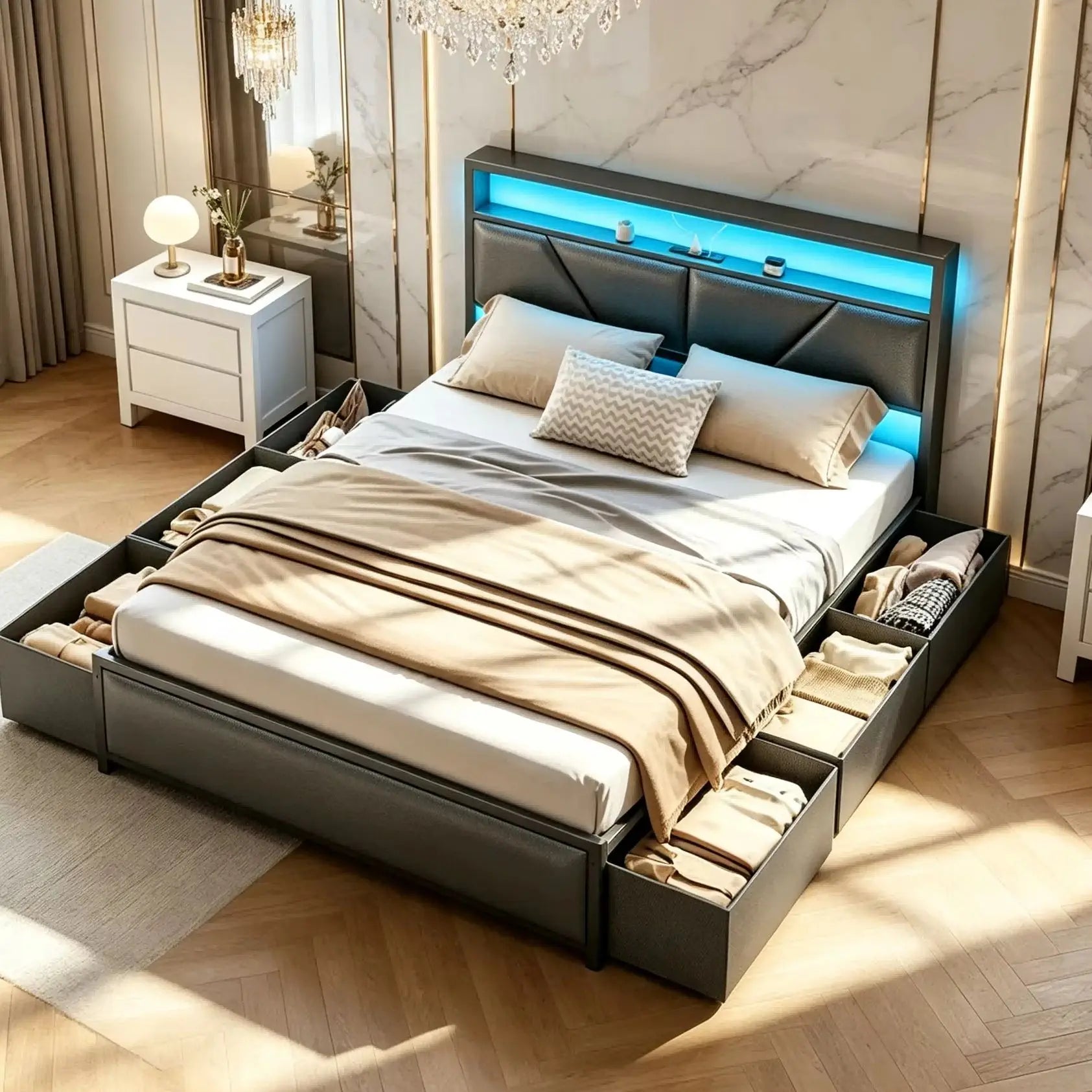 Queen Platform Bed Frame with Storage Drawers and LED Headboard